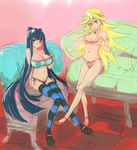  bikini blonde_hair breasts cleavage large_breasts medium_breasts multiple_girls navel np_(slipbounds) panty_&amp;_stocking_with_garterbelt panty_(psg) sitting stocking_(psg) swimsuit thighhighs 