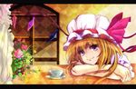  argyle argyle_background bad_id bad_pixiv_id blonde_hair bow crossed_arms cup curtains flandre_scarlet flower flower_pot hat hat_bow hat_ribbon head_rest letterboxed looking_at_viewer pink_flower pink_rose purple_eyes ribbon rose saucer short_hair smile solo table teacup touhou velia window wings 