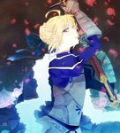  ahoge armor armored_dress artoria_pendragon_(all) blonde_hair blue_cape blue_eyes caliburn cape dress fate/zero fate_(series) gauntlets saber shijima_tohiro solo sword weapon 