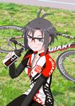  antenna_hair bad_id bad_pixiv_id bicycle blush bottle giant_bicycles glasses grass ground_vehicle highres idolmaster idolmaster_(classic) kikuchi_makoto looking_at_viewer ogyomo product_placement purple_eyes short_hair sitting smile solo water_bottle 