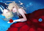  1girl bare_shoulders barnaby_brooks_jr blonde_hair blue_flower blue_rose brown_eyes closed_eyes dress flower formal karina_lyle long_hair necktie nightk red_flower red_rose rose suit tiger_&amp;_bunny water 