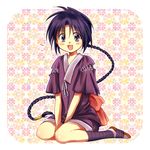  blue_hair blush braid female happy long_hair makimachi_misao mappou open_mouth pink_ribbon ribbon rurouni_kenshin sandals shirt shorts single_braid sitting solo very_long_hair 