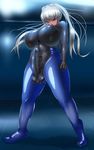  1girl blue_eyes blush bodysuit breasts bulge caressing_testicles curvy dark-skinned_female dark_skin erect_nipples erection fondle futanari groping highres huge_breasts kari latex long_hair nipples open_mouth penis shiny shiny_clothes skin_tight solo testicles thighs through_clothes tongue tongue_out totoya twintails white_hair 
