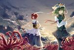  black_legwear blue_eyes flower green_hair hair_bobbles hair_ornament hat miyakure multiple_girls onozuka_komachi pantyhose red_eyes red_hair rod_of_remorse scythe shiki_eiki spider_lily touhou two_side_up 