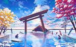  1girl bird cloud flood japanese_clothes komainu lantern miko original reflection scenery shrine sky snow solo stone_lantern torii tree water 