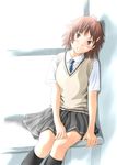  amagami blush brown_eyes brown_hair grey_skirt hair_ornament hairclip highres itou_kanae_(amagami) keisuke_(0320030103200301) kibito_high_school_uniform pleated_skirt school_uniform short_hair skirt solo sweater_vest 