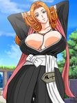  bleach blonde_hair breasts cleavage gaden highres large_breasts lipstick long_hair makeup matsumoto_rangiku mole smile solo tree 