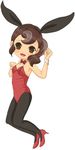  1girl animal_ears aroma_reinford bare_shoulders blush breasts brown_hair bunny_ears high_heels level-5 long_hair open_mouth professor_layton red_shoes shoes simple_background small_breasts smile solo 