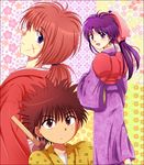  1girl 2boys blue_eyes brown_eyes brown_hair female himura_kenshin japanese_clothes kamiya_kaoru kimono long_hair looking_back male mappou multiple_boys myojin_yahiko orange_hair pink_ribbon ponytail purple_eyes purple_hair ribbon rurouni_kenshin scar short_hair 