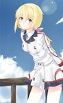  absurdres bad_id bad_pixiv_id blonde_hair charlotte_dunois highres infinite_stratos lens_flare long_hair moyashi_(lpppp) purple_eyes smile solo uniform 