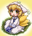  blonde_hair blush chibi child dress fox_tail grass hat multiple_tails open_mouth short_hair sitting solo tabard tachikawa tail touhou v_arms white_dress yakumo_ran yellow_eyes 