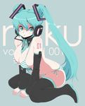  1girl aqua_eyes aqua_hair bad_id bad_pixiv_id between_breasts bikini breasts cleavage detached_sleeves hatsune_miku headphones headset highres large_breasts long_hair necktie side-tie_bikini sitting solo swimsuit thighhighs towashibuki twintails vocaloid 