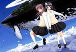  animal bad_id bad_pixiv_id black_hair blush brown_eyes brown_hair cloud day floating flying_whale holding_hands loafers looking_at_viewer multiple_girls nanahime necktie open_mouth original purple_eyes school_uniform shoes skirt sky smile socks sweater_vest twintails whale white_legwear 