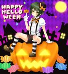  angel_beats! arare_(aboshi) candy food gloves green_hair halloween hat highres jack-o'-lantern male_focus naoi_ayato pumpkin shorts sitting solo yellow_eyes 