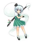  ascot black_hairband blue_eyes flower ghost green_skirt hair_ribbon hairband hand_on_hilt katana konpaku_youmu medium_skirt necktie petticoat phantom2071 print_skirt ribbon scabbard sheath sheathed shirt short_hair silver_hair skirt skirt_set solo sword touhou vest weapon 