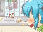  aqua_hair blush hatsune_miku kitchen ladle nekomura_otako open_mouth sink solo spatula track_suit vocaloid 