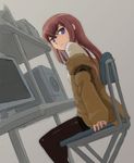  brown_hair chair computer jacket long_hair makise_kurisu pantyhose pinzu purple_eyes sitting solo steins;gate 