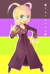  bad_id bad_pixiv_id black_coat_(kingdom_hearts) blonde_hair blue_eyes cloak gloves highres kingdom_hearts knife larxene okitsune_(okitsune-sama) solo 