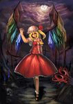  aako alternate_hairstyle ascot blonde_hair bow candle claws cloud cross fingernails flandre_scarlet graveyard hair_bow hat highres laevatein long_fingernails long_skirt mary_janes moon night shoes short_sleeves side_ponytail skirt skirt_set skull solo standing touhou walking wings 