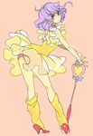  ass creamy_mami kinako_(marubotan) leotard looking_back magical_girl mahou_no_tenshi_creamy_mami morisawa_yuu purple_eyes purple_hair simple_background solo yellow_leotard 