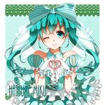  alternate_costume bow character_name collarbone detached_collar dress gloves green green_eyes green_hair hair_ribbon hatsune_miku heart heart_hands highres lolita_fashion long_hair nou one_eye_closed puffy_sleeves ribbon smile solo twintails vocaloid white_gloves 
