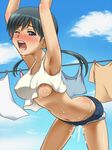  areolae armpits awa black_hair blush breasts clothed_sex cum denim denim_shorts erect_nipples invisible invisible_man invisible_rapist laundry lowres navel nipple_slip nipples no_bra open_mouth purple_eyes pussy_juice r-15 sex shorts sky solo sweat twintails 
