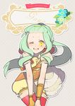  bad_id bad_pixiv_id blush bracer green_hair hair_ornament hairclip highres kaninn leaning_forward long_hair looking_at_viewer one_eye_closed open_mouth pixiv_fantasia pixiv_fantasia_wizard_and_knight red_legwear solo thighhighs yellow_eyes 