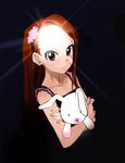  brown_hair doll dress forehead frown glint gulim hairband idolmaster idolmaster_(classic) long_hair looking_at_viewer minase_iori purple_eyes simple_background solo upper_body 