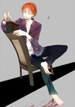  barefoot blood book chair fate/zero fate_(series) full_body male_focus orange_hair red_hair shijima_tohiro simple_background solo uryuu_ryuunosuke 