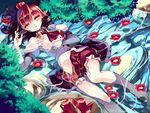  ascot barefoot black_hair bush douji flower hat looking_at_viewer lying open_mouth parted_lips pointy_ears red_eyes rock shameimaru_aya shoes short_hair skirt solo stream tokin_hat touhou water wet wet_clothes 