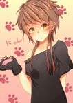  blush brown_hair cat_paws gradient gradient_background looking_at_viewer off_shoulder original paw_print paws short_hair_with_long_locks smile solo yellow_eyes yoo_(tabi_no_shiori) 