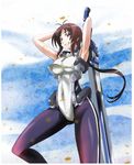  armpits arms_up bodysuit breasts brown_hair kyoukaisenjou_no_horizon large_breasts leg_up legs long_hair long_legs mikage_nao oriotorai_makiko pantyhose solo sword thighs underboob weapon 