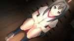  ayase_sayuki black_hair black_legwear blush buruma dutch_angle game_cg gym_storeroom gym_uniform hair_intakes highres kantoku knees_together_feet_apart long_hair looking_at_viewer non-web_source open_mouth parted_lips shoes sitting socks solo your_diary 