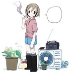  1girl blush boots brown_hair cigarette fly hitachi kujira milkman_(artist) plant radio short_hair simple_background smoke solo white_background 