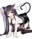  all_fours animal_ears bad_id bad_pixiv_id black_hair black_legwear blush boku_wa_tomodachi_ga_sukunai breasts cat_ears cat_tail etou_(cherry7) fang frown highres kemonomimi_mode long_hair looking_at_viewer medium_breasts mikazuki_yozora no_shoes open_mouth plaid plaid_skirt purple_eyes school_uniform shadow simple_background skirt solo st._chronica_academy_uniform tail thighhighs very_long_hair 