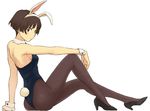 animal_ears arm_support bare_shoulders blush bob_cut brown_eyes brown_hair bunny_ears bunny_tail bunnysuit face full_body gake_no_ue_no_ponyo hands high_heels jas lisa_(ponyo) mature md5_mismatch pantyhose shoes short_hair simple_background sitting solo tail wrist_cuffs 