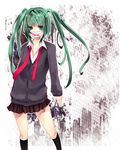  green_eyes green_hair hatsune_miku highres kneehighs long_hair skirt solo surgical_mask twintails vocaloid wakatsuki_you 