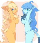  anthro big_breasts blonde_hair blue_eyes blue_hair blush breasts eeveelution female flareon glaceon hair kosyo long_blonde_hair long_blue_hair long_hair nintendo nipples nude pok&#233;mon pok&#233;morph pok&eacute;mon pok&eacute;morph pose raised_arm solo standing video_games 