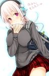  3u bad_id bad_pixiv_id bag breasts eating food headphones large_breasts nitroplus pink_hair red_eyes skirt solo super_sonico translated 