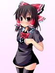  ascot black_dress black_hair black_legwear blush bow brown_eyes brown_hair cosplay dress hair_bow hair_tubes hakurei_reimu houjuu_nue houjuu_nue_(cosplay) ichimi red_eyes short_hair solo thighhighs touhou zettai_ryouiki 