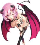  ass bangs bare_shoulders bikini blush breasts bridal_gauntlets comic_aun demon_girl demon_horns demon_tail demon_wings devil feet fingernails highres horns looking_at_viewer misaki_kurehito nipples one_eye_closed original pink_hair pointy_ears purple_eyes shiny shiny_skin short_hair smile solo swimsuits tail tattoo thighhighs toeless_legwear toes transparent_background transparent_png wings 
