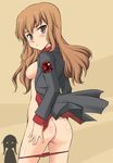  :&lt; ass blush breasts brown_eyes brown_hair fernandia_malvezzi long_hair looking_back military military_uniform mirutsu_(milts) nipples open_clothes open_shirt panties panty_pull shirt silhouette_demon small_breasts solo strike_witches takei_junko underwear uniform world_witches_series 