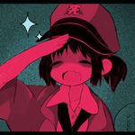 1girl child eyes_closed fang hat hitachi jacket milkman_(artist) monochrome open_mouth peaked_cap pink salute short_hair solo sweater translated 