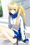  artist_request blonde_hair blue_eyes jacket legs long_sleeves lowres odien ponytail sandals shorts solo stairs sword_girls track_jacket zipper 