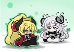  :&lt; =_= blonde_hair butterfly_hair_ornament chibi cloak cross fang hair_ornament horns leaf long_hair multiple_girls pixiv_fantasia pixiv_fantasia_wizard_and_knight pointy_ears red_eyes sitting sleeves_past_wrists very_long_hair white_hair yanagi_(nurikoboshi) 