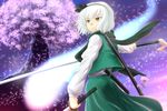  alternate_eye_color bob_cut cherry_blossoms dress dual_wielding flower hair_ribbon hitodama holding iwako konpaku_youmu konpaku_youmu_(ghost) petals ribbon scarf short_hair solo sword touhou tree vest weapon white_hair yellow_eyes 