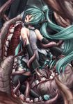  bare_shoulders blush boots closed_eyes detached_sleeves faith_(sbi) green_hair hatsune_miku long_hair necktie open_mouth restrained saliva skirt solo teeth tentacles thigh_boots thighhighs twintails very_long_hair vocaloid vore 