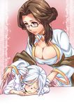  2girls age_difference arunafeltz_pope breasts brown_hair child chocolate cleavage glasses heterochromia huge_breasts large_breasts long_hair multiple_girls niren niren_(ragnarok_online) npc ragnarok_online ribbon semi-rimless_glasses sleeping under-rim_glasses white_hair 