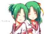  2girls blush duo eyes_closed green_hair higurashi_no_naku_koro_ni long_hair multiple_girls sleeping sonozaki_mion sonozaki_shion zxu 