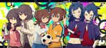  3girls ball blue_eyes blue_hair brown_eyes brown_hair dual_persona genderswap genderswap_(mtf) highres inazuma_eleven_(series) inazuma_eleven_go laphy lightning_bolt long_hair matsukaze_tenma midriff multiple_boys multiple_girls raimon raimon_soccer_uniform school_uniform shindou_takuto short_hair soccer_ball soccer_uniform sportswear telstar tsurugi_kyousuke yellow_eyes 